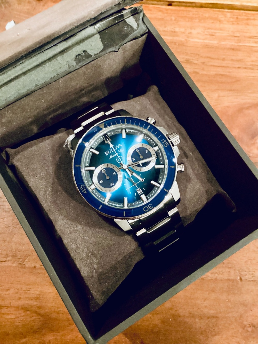 Bulova Marine Star 96B380 Chronograph Blue Dial Men's Watch 45mm FULL-KIT